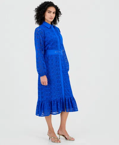 T Tahari Women's Cotton Belted Lace Midi Dress In Blue