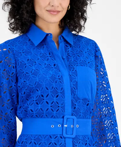 T Tahari Women's Cotton Belted Lace Midi Dress In Blue
