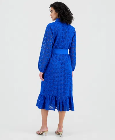 T Tahari Women's Cotton Belted Lace Midi Dress In Blue