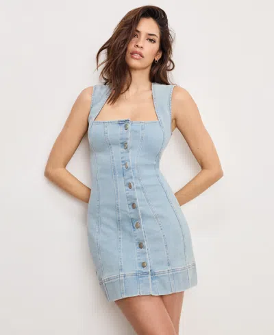 Good American Sleeveless Button-front Power Stretch Denim Mini Dress In Blue