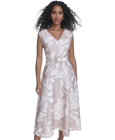 Calvin Klein Women's Scuba Belted V-neck Midi Dress In Multi