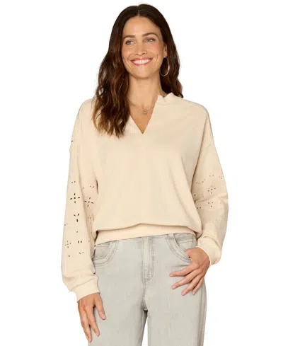 Democracy Petite V-neck Die-cut Embroidered Sweatshirt In Brown