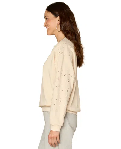 Democracy Petite V-neck Die-cut Embroidered Sweatshirt In Brown