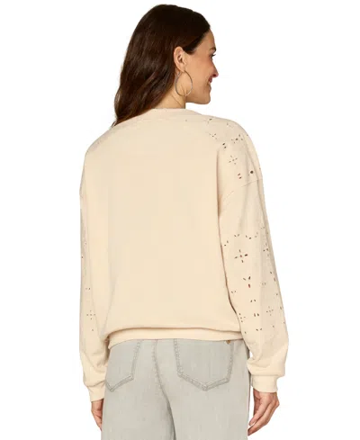 Democracy Petite V-neck Die-cut Embroidered Sweatshirt In Brown