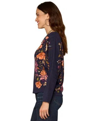 Democracy Petite Long-sleeve Batwing Surplus Placement Print Knit Top In Multi