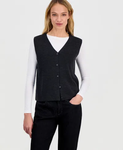 Eileen Fisher Women's Merino Wool V-neck Button Vest In Gray