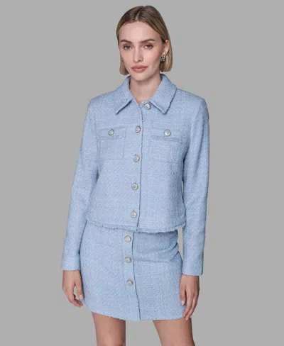 Karl Lagerfeld Women's Cropped Long-sleeve Tweed Jacket In Blue