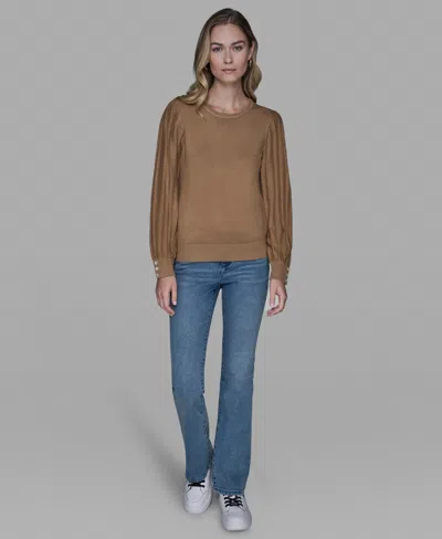 Karl Lagerfeld Petite Crewneck Long-sleeve Sweater In Brown