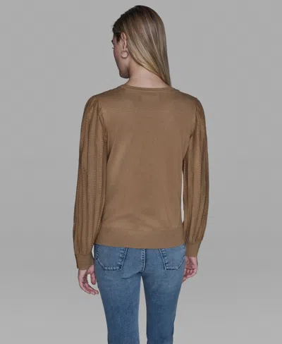 Karl Lagerfeld Petite Crewneck Long-sleeve Sweater In Brown