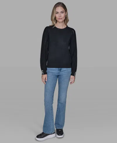 Karl Lagerfeld Petite Crewneck Long-sleeve Sweater In Black