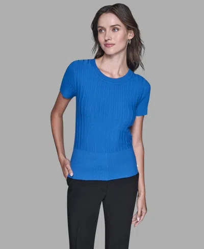 Karl Lagerfeld Women's Ribbed Short-sleeve Sweater In Blue