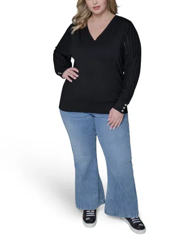 Karl Lagerfeld Plus Size V-neck Long-sleeve Sweater In Black