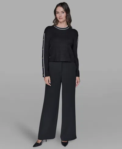 Karl Lagerfeld Petite Crewneck Long-sleeve Sweater In Black