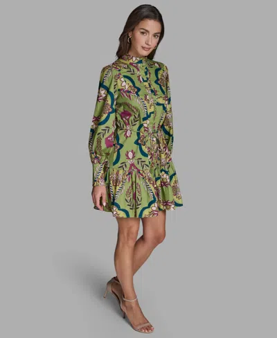 Bcbg Women's Floral Button-down Mini Dress With Tiered Skirt And Waist Tie In Green