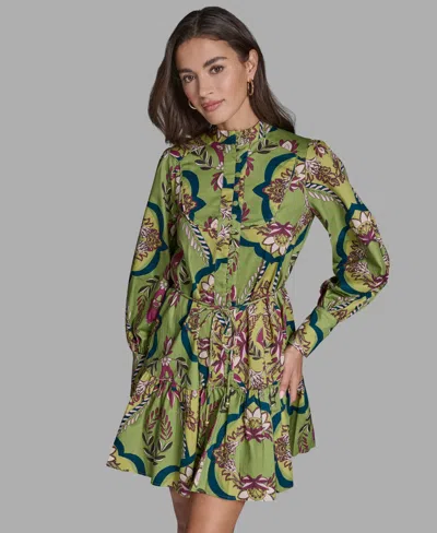 Bcbg Women's Floral Button-down Mini Dress With Tiered Skirt And Waist Tie In Green