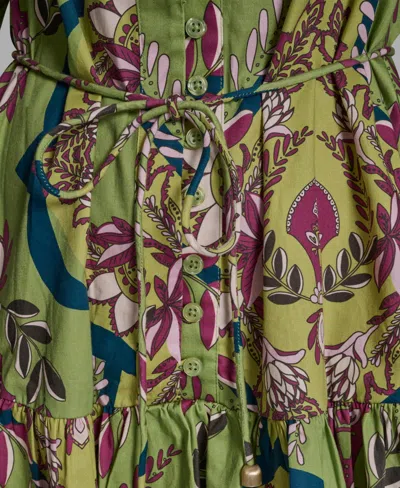 Bcbg Women's Floral Button-down Mini Dress With Tiered Skirt And Waist Tie In Green