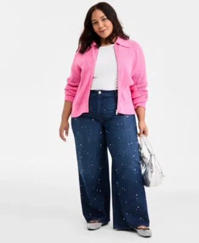 On 34th Trendy Plus Size Pointelle Zip Front Cardigan Embellished Wide Leg Jeans Macys Exclusive In Blue