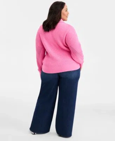 On 34th Trendy Plus Size Pointelle Zip Front Cardigan Embellished Wide Leg Jeans Macys Exclusive In Blue