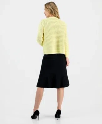 Kasper Womens Textured Stitch Button Front Cardigan Printed Satin Sleeveless Blouse Core Julia Stretch Crep In Black