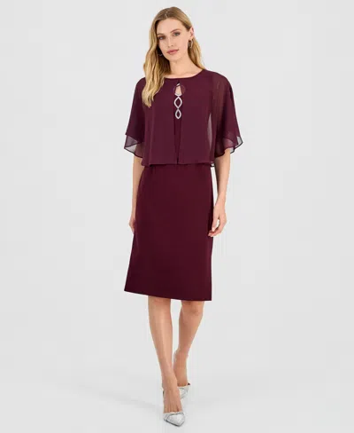 Connected Women's Cape Overlay Dress In Burgundy