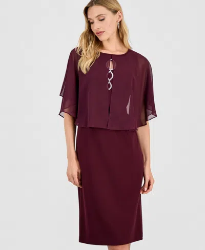 Connected Women's Cape Overlay Dress In Burgundy