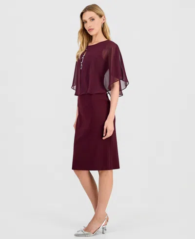Connected Women's Cape Overlay Dress In Burgundy