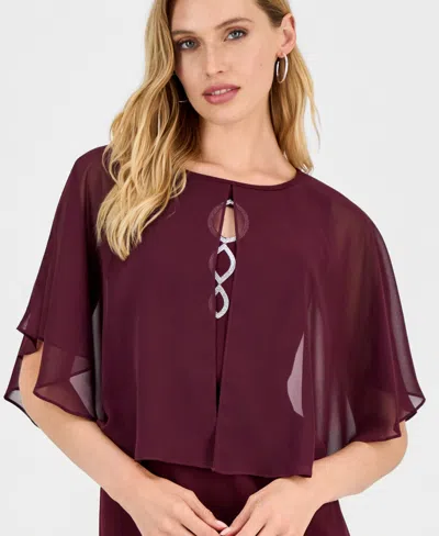 Connected Women's Cape Overlay Dress In Burgundy