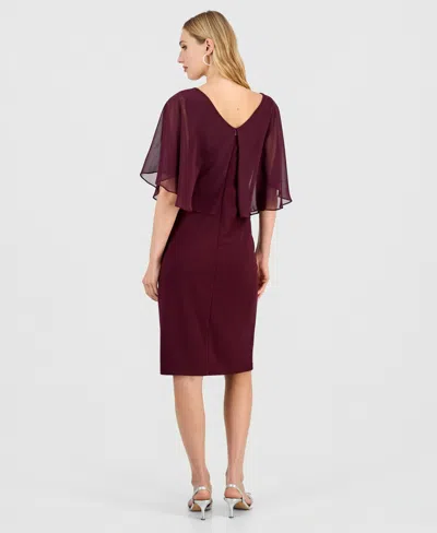 Connected Women's Cape Overlay Dress In Burgundy