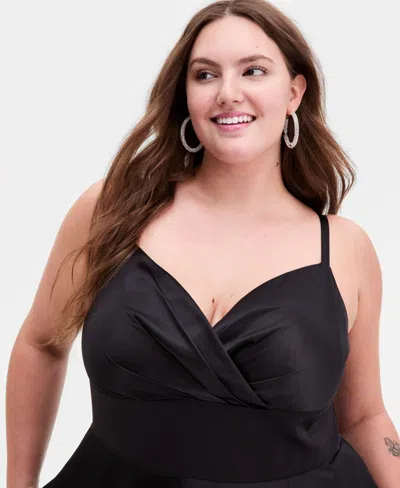 B Darlin Trendy Plus Size Spaghetti Strap V-neck Pleated Gown In Black