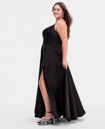 B Darlin Trendy Plus Size Spaghetti Strap V-neck Pleated Gown In Black