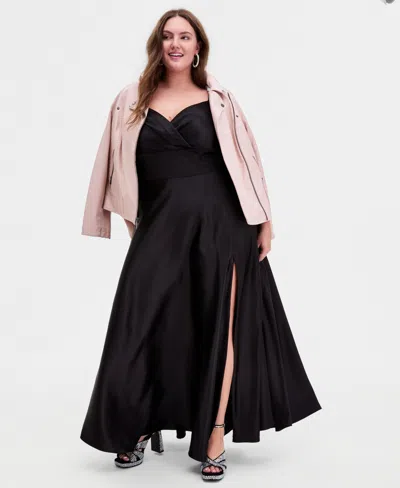 B Darlin Trendy Plus Size Spaghetti Strap V-neck Pleated Gown In Black