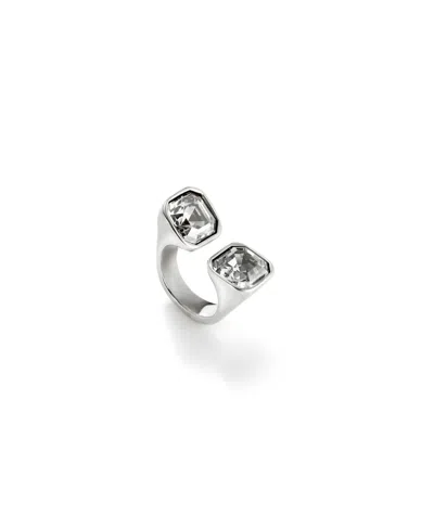 Unode50 Sterling Silver Plated Metal Alloy Ring With White Faceted Crystal At The Ends In Metallic