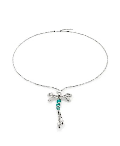 Unode50 Long Sterling Silver Plated Necklace With Dragonfly And Green Crystals In Metallic