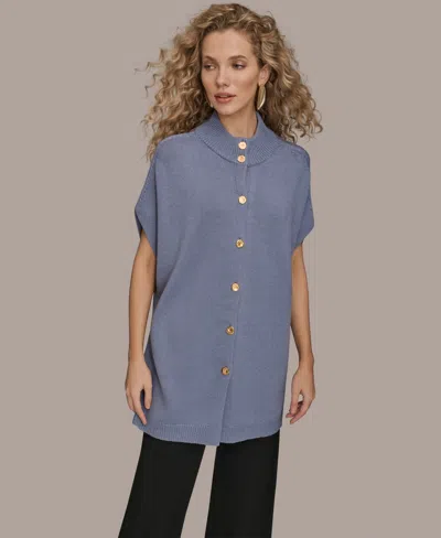 Donna Karan Women's Button Front Mock Neck Sweater In Blue
