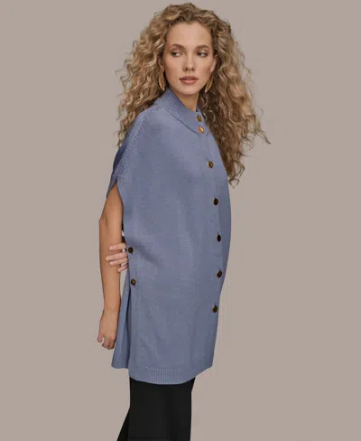 Donna Karan Women's Button Front Mock Neck Sweater In Blue
