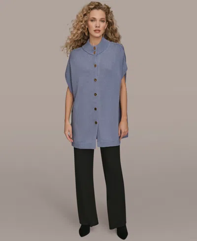 Donna Karan Women's Button Front Mock Neck Sweater In Blue