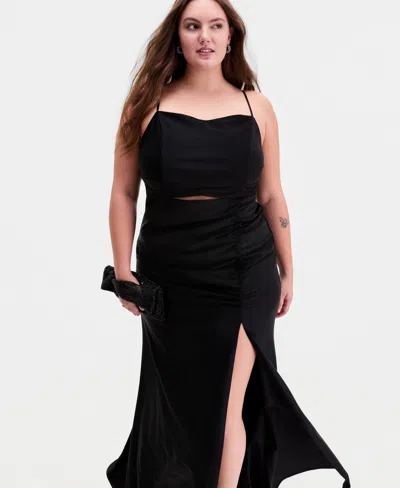 Emerald Sundae Trendy Plus Size Illusion-midriff Square-neck Gown In Black