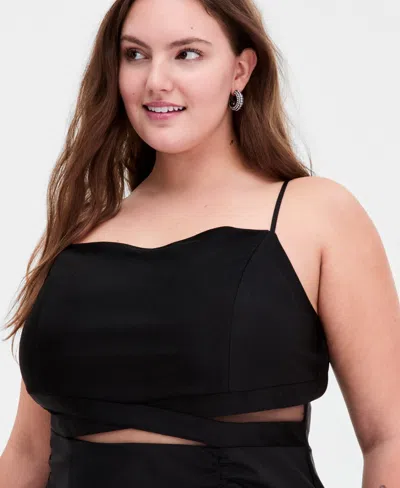 Emerald Sundae Trendy Plus Size Illusion-midriff Square-neck Gown In Black