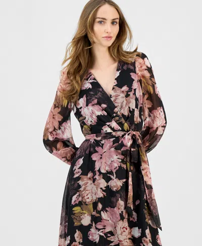 Anne Klein Women's V-neck Belted Long-sleeve Maxi Dress In Brown