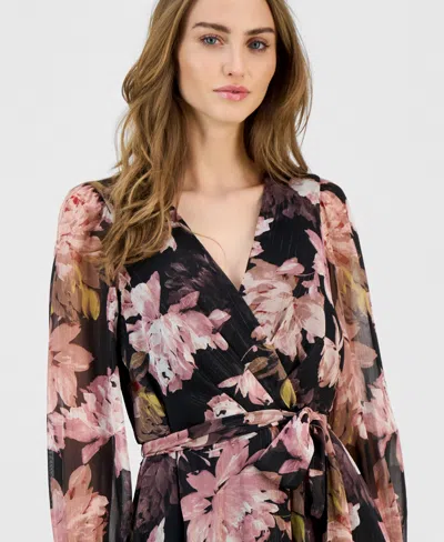 Anne Klein Women's V-neck Belted Long-sleeve Maxi Dress In Brown