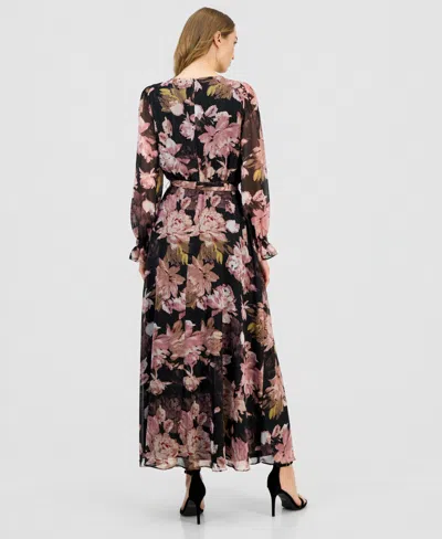 Anne Klein Women's V-neck Belted Long-sleeve Maxi Dress In Brown