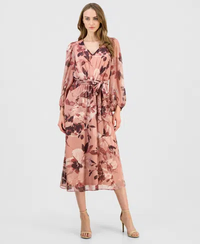 Anne Klein Women's Floral V-neck Belted Midi Dress In Pink