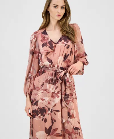 Anne Klein Women's Floral V-neck Belted Midi Dress In Pink
