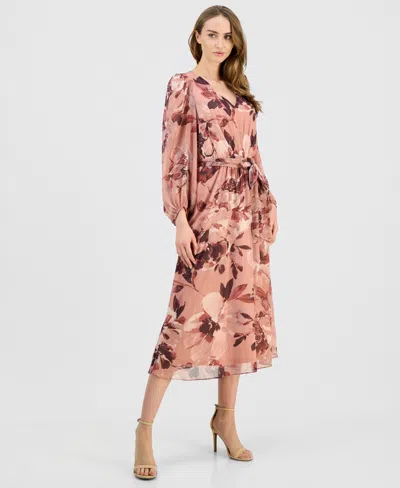 Anne Klein Women's Floral V-neck Belted Midi Dress In Pink
