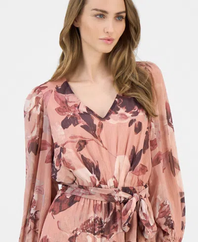 Anne Klein Women's Floral V-neck Belted Midi Dress In Pink