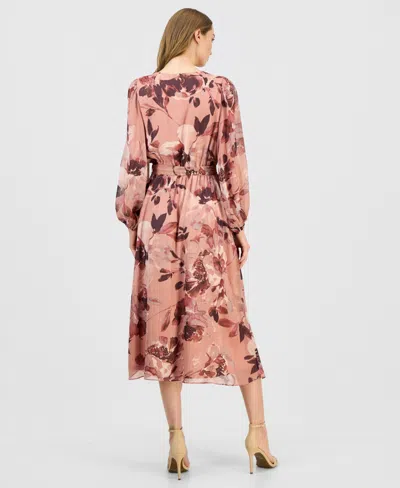 Anne Klein Women's Floral V-neck Belted Midi Dress In Pink