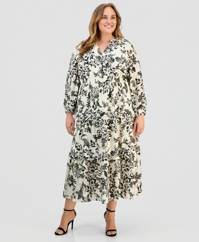 Anne Klein Plus Size Printed Tie-neck Tiered Maxi Dress In Black