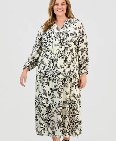 Anne Klein Plus Size Printed Tie-neck Tiered Maxi Dress In Black