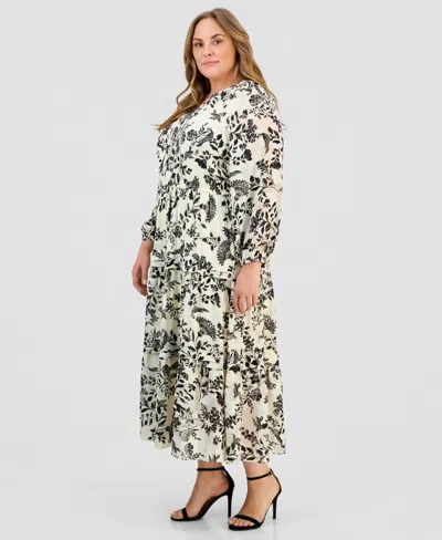 Anne Klein Plus Size Printed Tie-neck Tiered Maxi Dress In Black