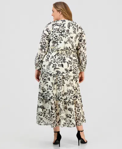 Anne Klein Plus Size Printed Tie-neck Tiered Maxi Dress In Black